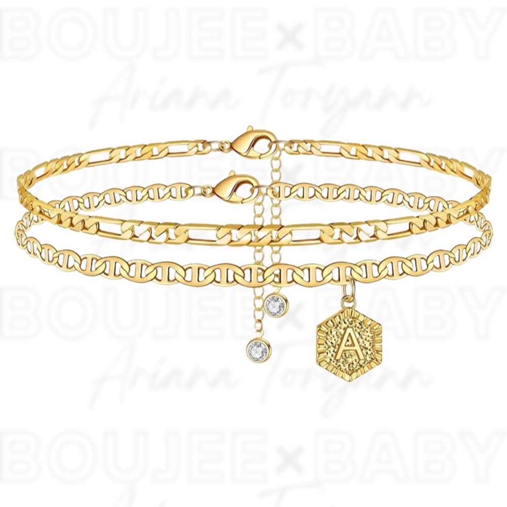 2pc Initial Ankle Bracelet | 14K Gold Plated | Double Layered | A-Z Available